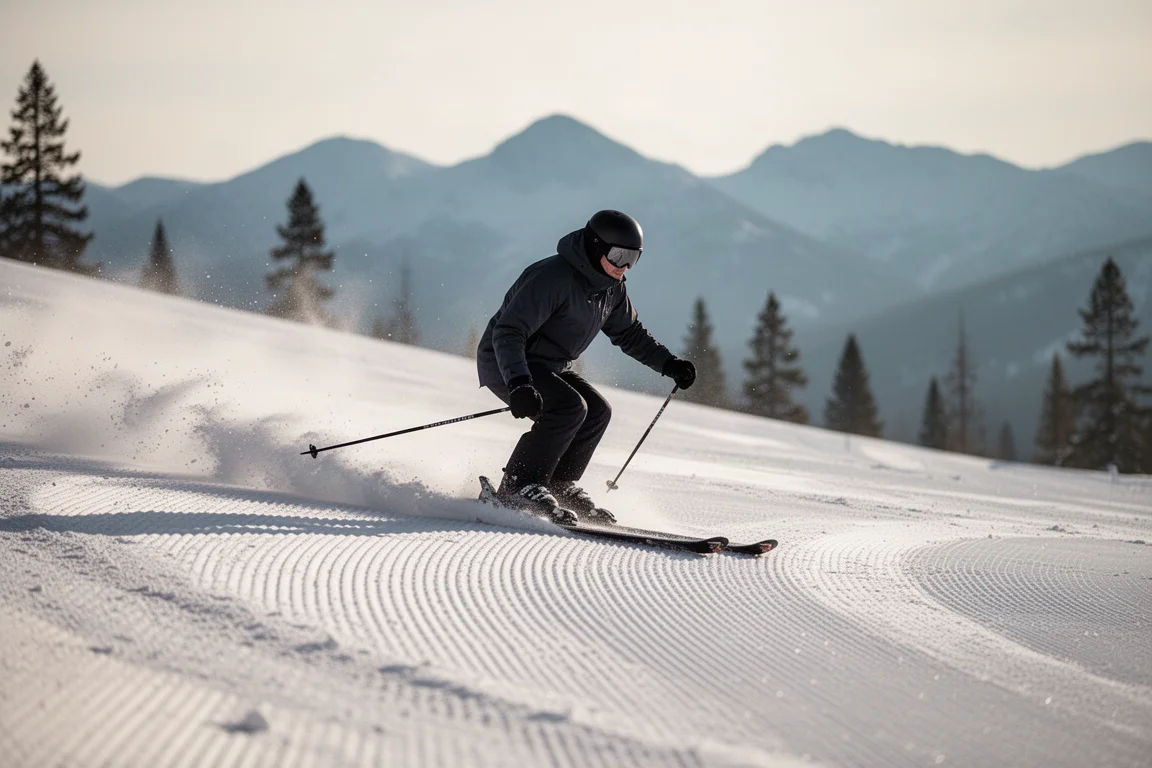Skier carving a clean arc on freshly groomed firm snow