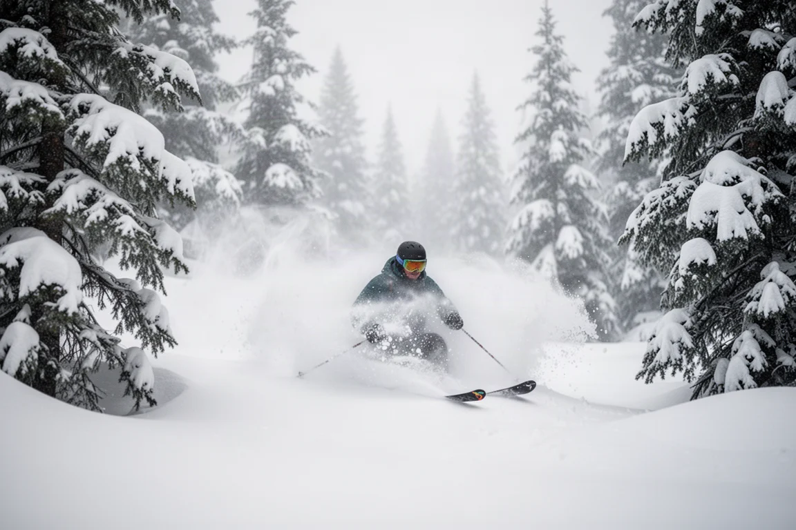 Skier floating through deep powder between snow-covered evergreen trees