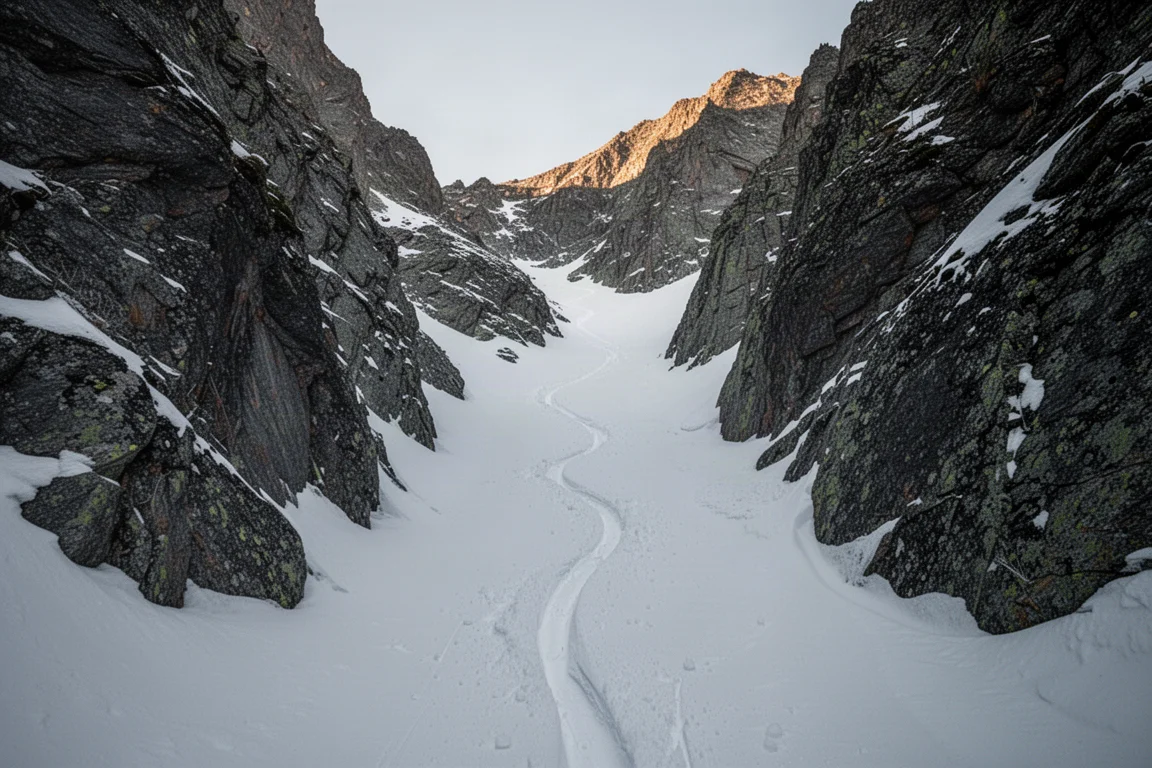 Steep technical chute with firm snow and a single set of ski tracks