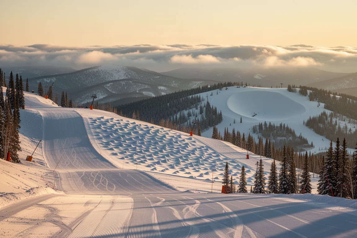 Ridge view over groomed runs, moguls, and an untracked powder bowl at golden hour
