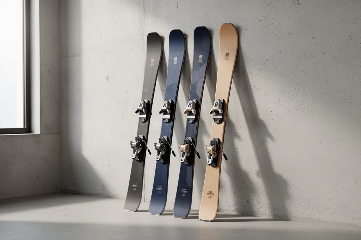 Three all-mountain skis of increasing width leaning side by side against a pale concrete wall