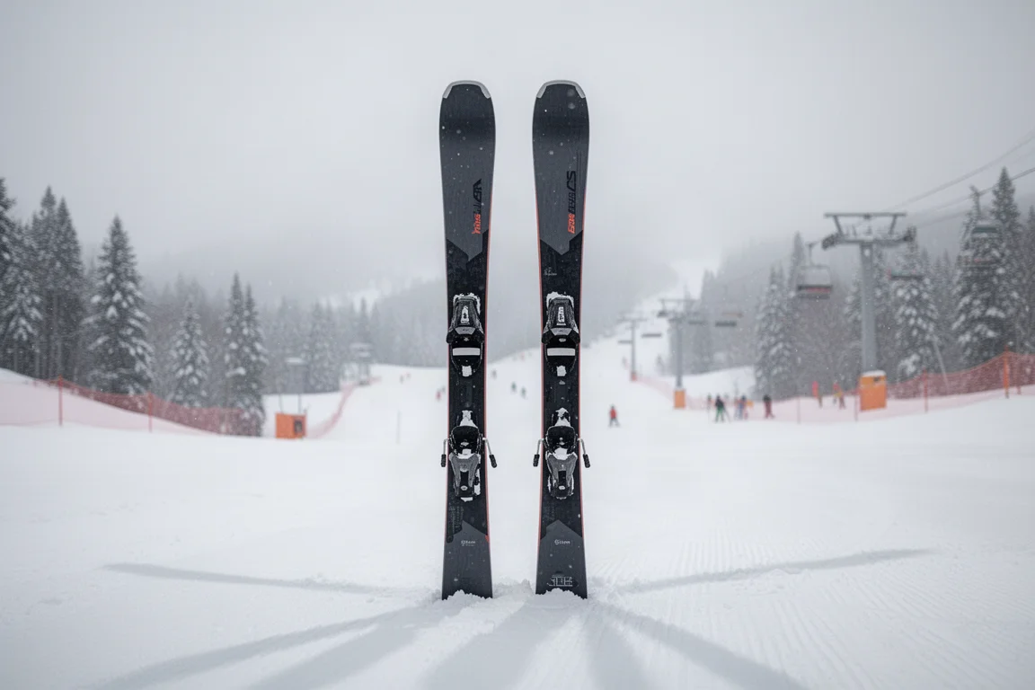 Dwa narty all-mountain stojące obok siebie na twardym, przygotowanym śniegu