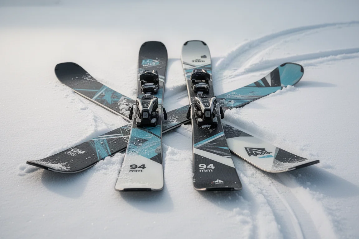 Dwa narty all-mountain leżące obok siebie na świeżym śniegu