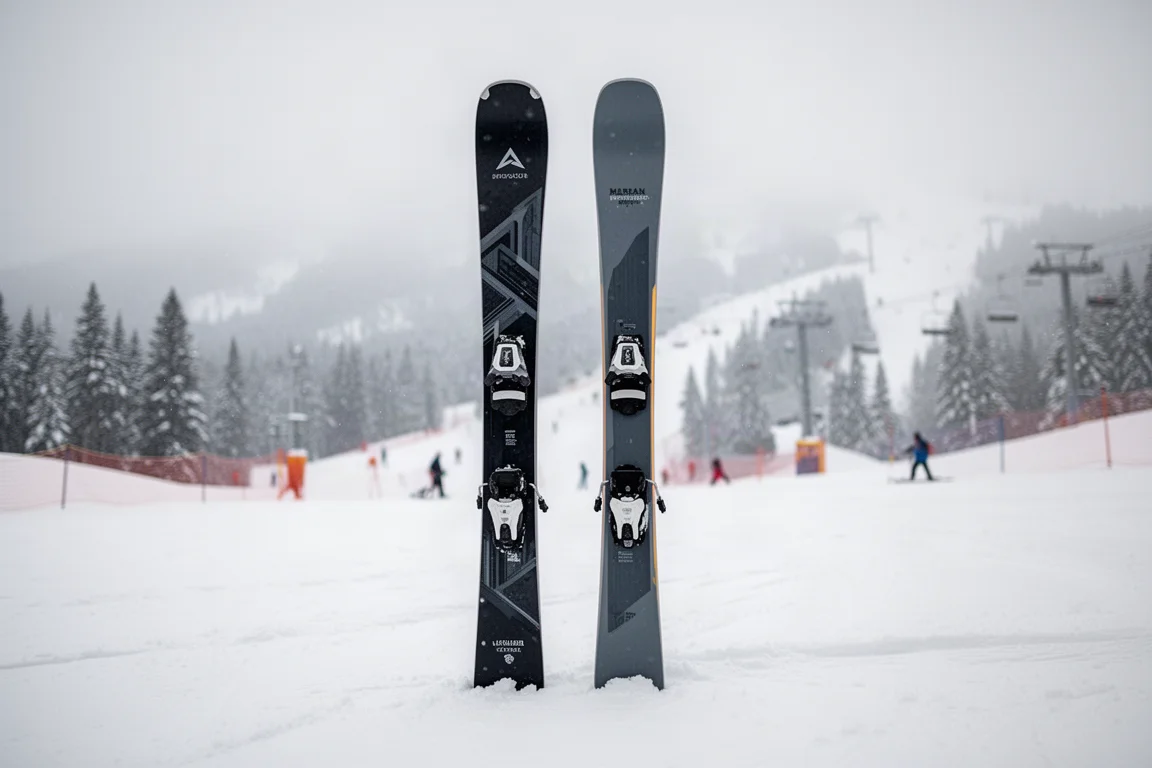 Two all-mountain skis standing upright on a groomed snow surface at a ski resort