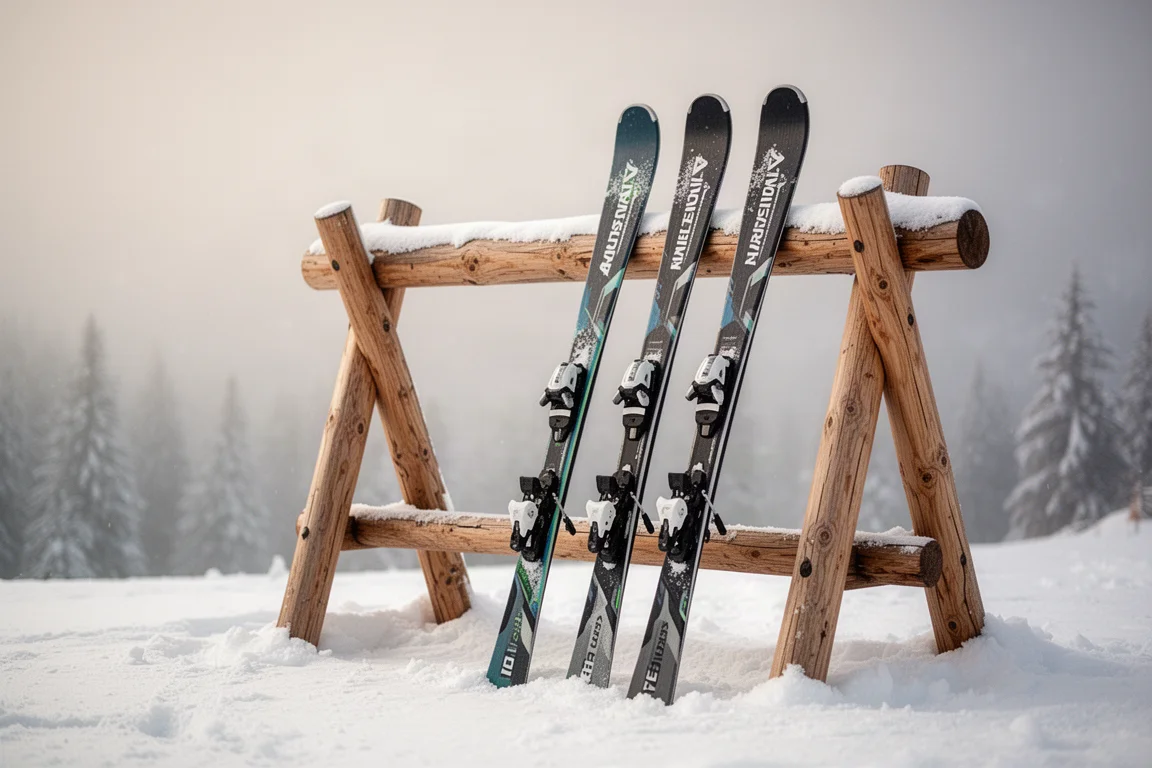 Dwie narty all-mountain oparte o stojak na narty w śniegu