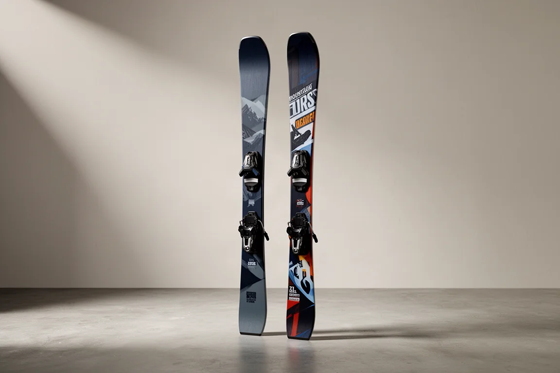 Narty Nordica Enforcer 94 i Blizzard Rustler 9 stojące obok siebie na betonie