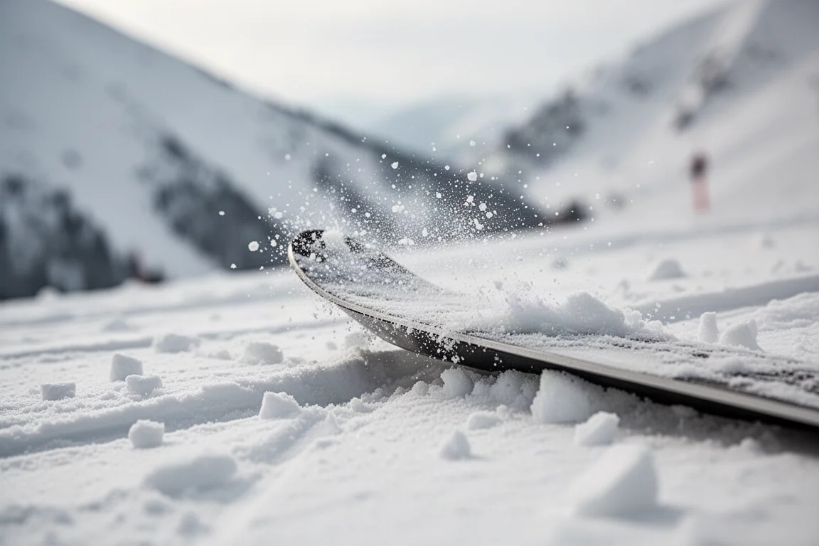滑雪板板刃切入碎雪的特寫,雪沫四濺