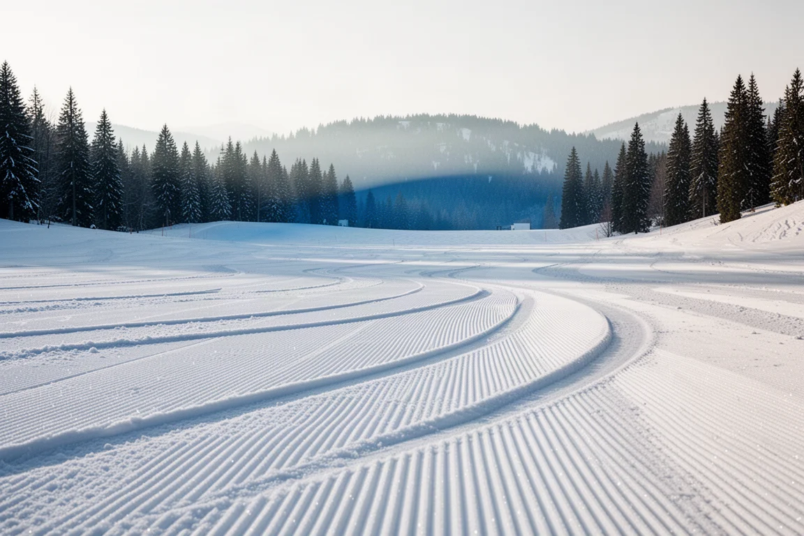 Frisch präparierte Bügel-Piste mit langen geschnittenen Schwüngen im Morgenlicht