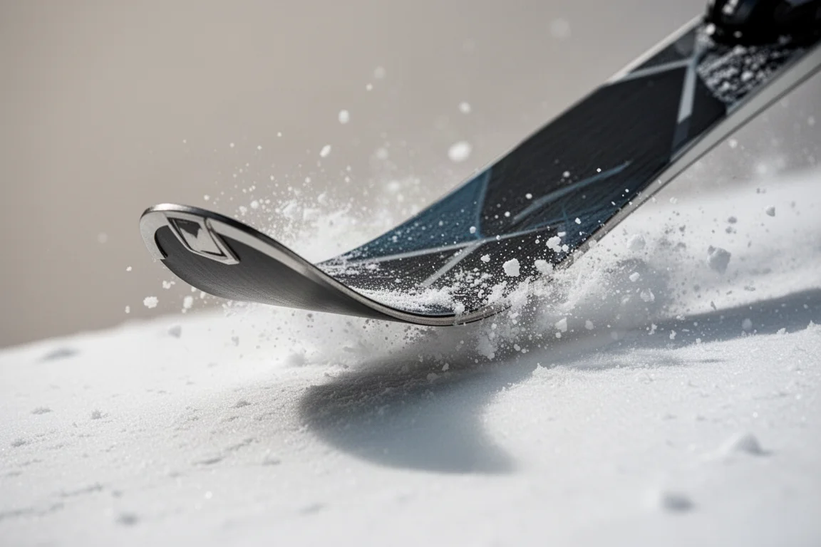 Nahaufnahme eines Ski-Hecks, das aus einem geschnittenen Schwung auf hartem Pistenschnee federt