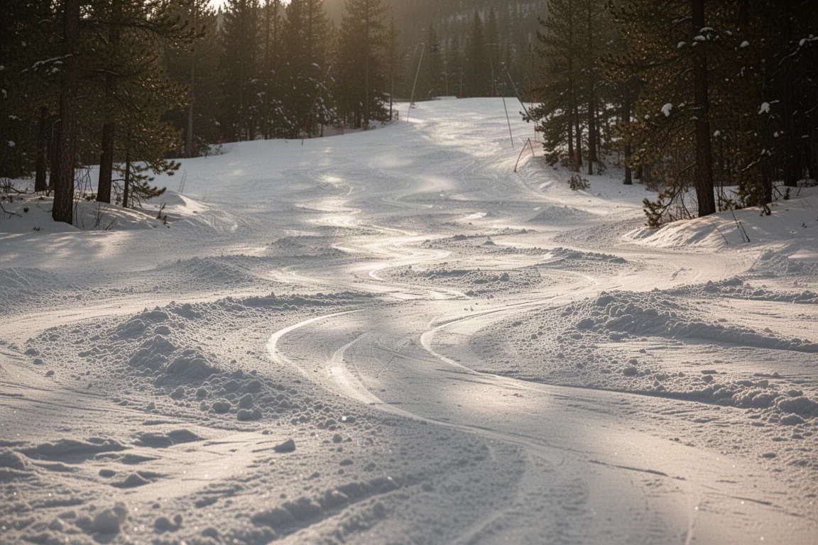 Frühjahrspiste mit nassem Sulz und buckeligem Schnee im warmen Spätnachmittagslicht