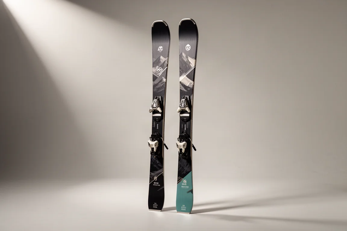 Pair of dark all-mountain skis with 99 mm waist standing on a neutral grey backdrop