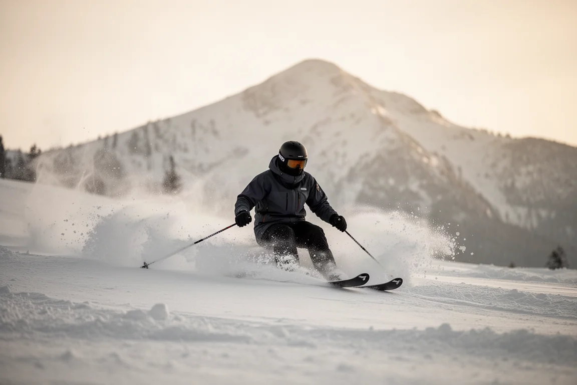 Primer plano del canto de un esquí trazando un arco sobre nieve dura pisada