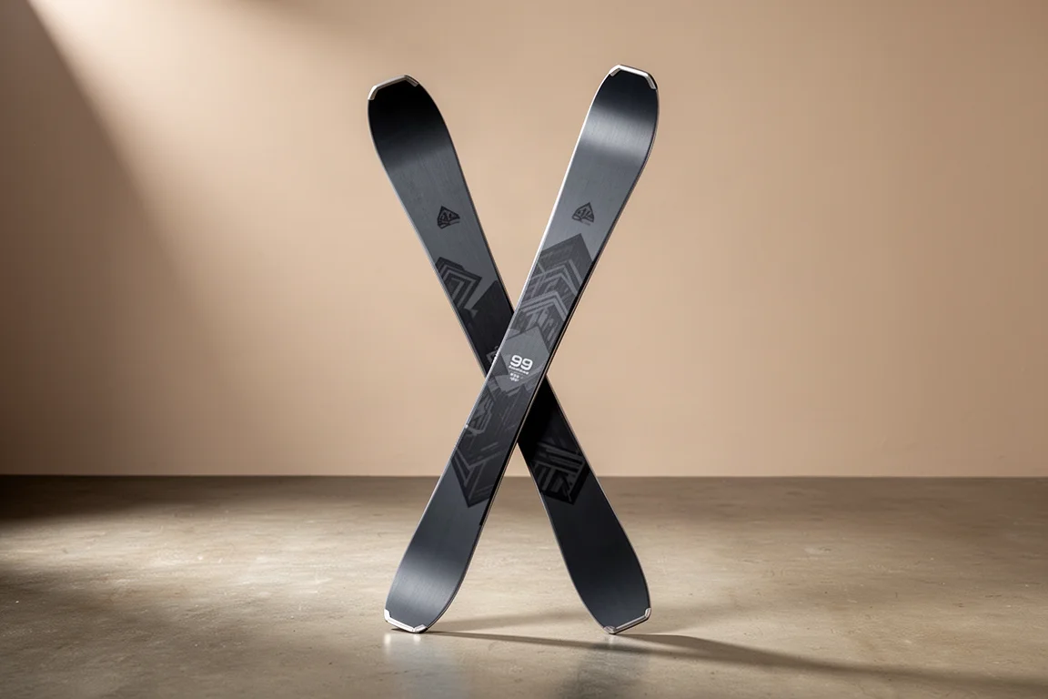 Pair of all-mountain skis with graphite topsheets standing against a concrete wall