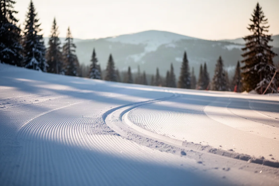 Groomed ski run in soft morning light with fresh tracks and long blue shadows