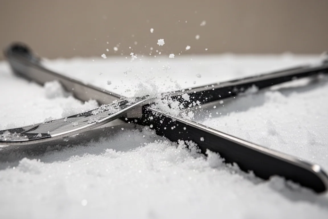 Close-up of a ski edge carving into firm packed snow with crystals lifting
