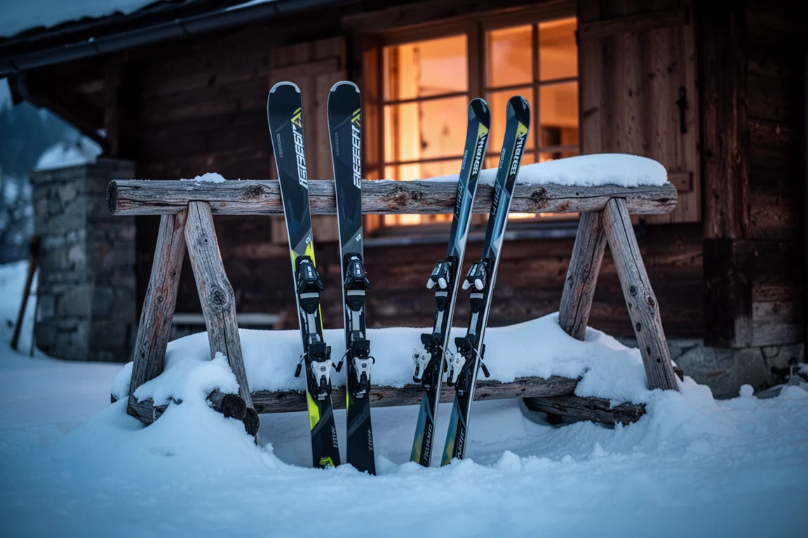 Pair of all-mountain skis leaning on a wooden rack outside a lodge at dusk