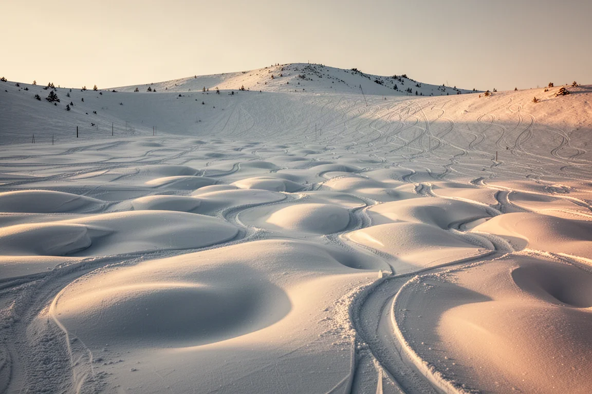 Mogul field seen from above at golden hour with ski tracks between the bumps