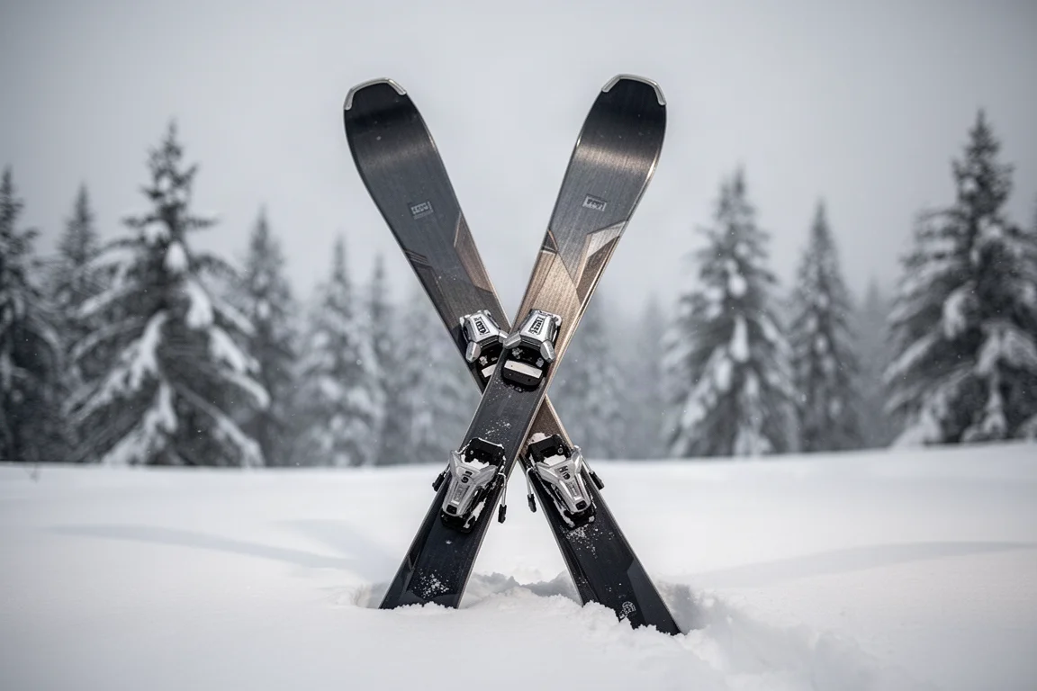 Two pairs of wide all-mountain skis standing in fresh powder snow with pine trees behind