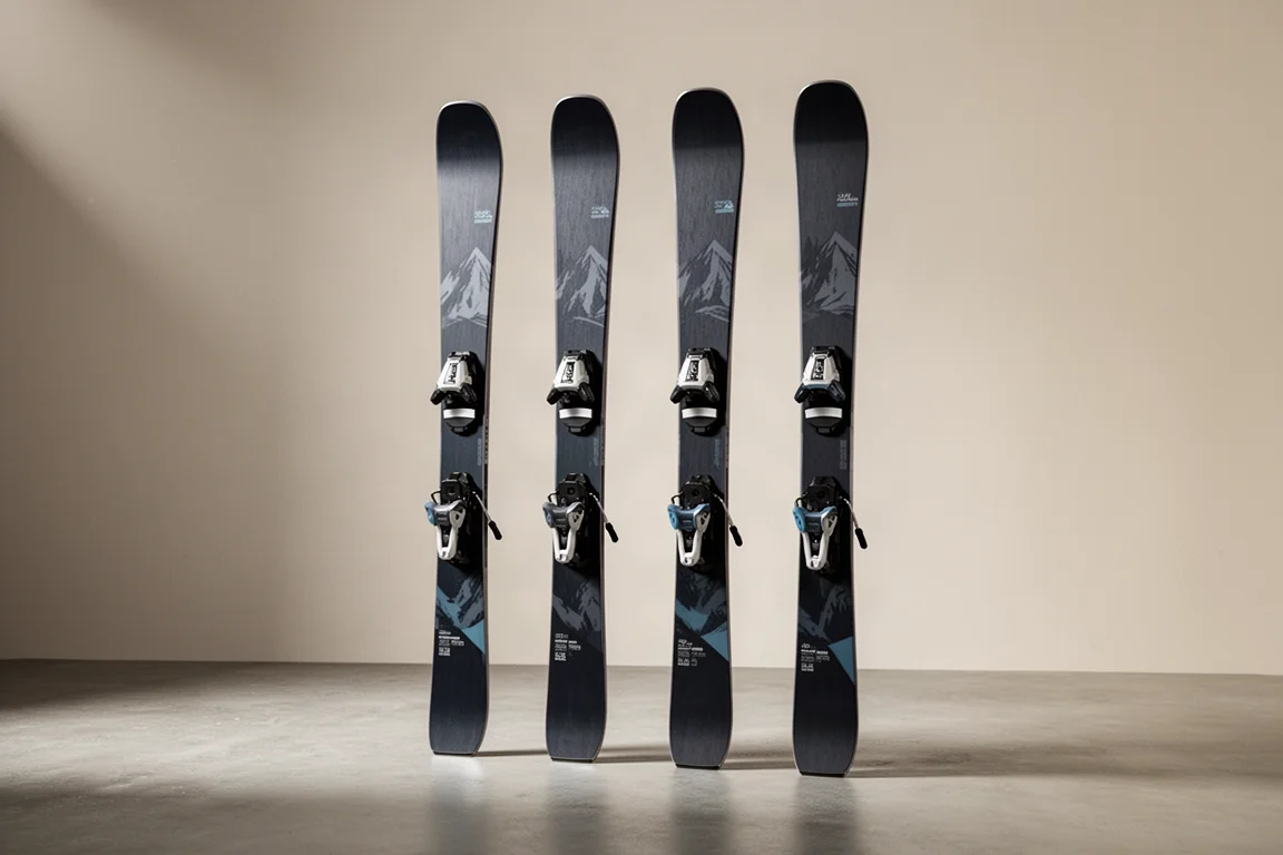 Four pairs of dark all-mountain skis standing upright in a row on a concrete floor