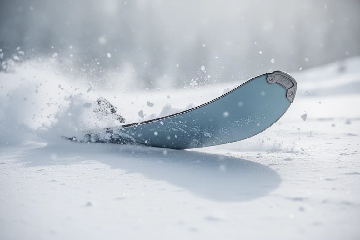闊板頭在全新粉雪中滑行的近鏡特寫