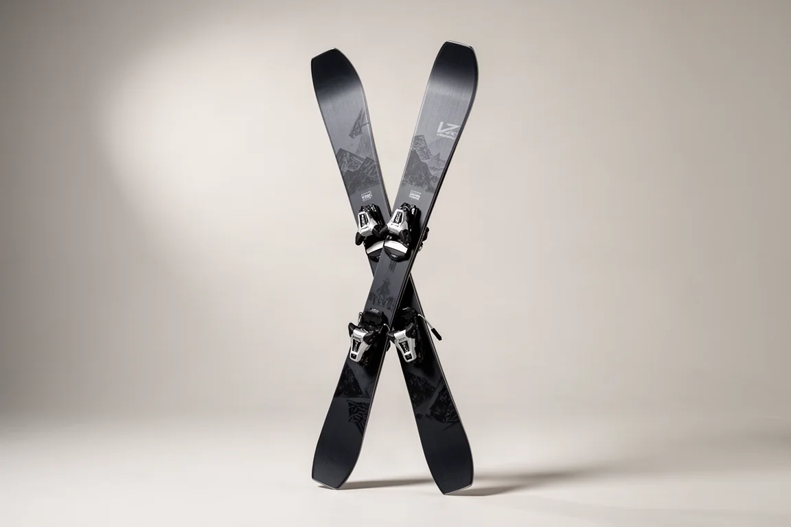 Pair of wide freeride skis with bindings standing crossed on a pale grey backdrop