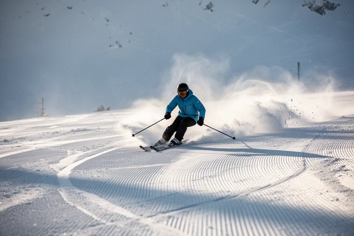 Skifahrer legt auf frisch präparierter Morgensatzpiste eine geschnittene Schwungkurve