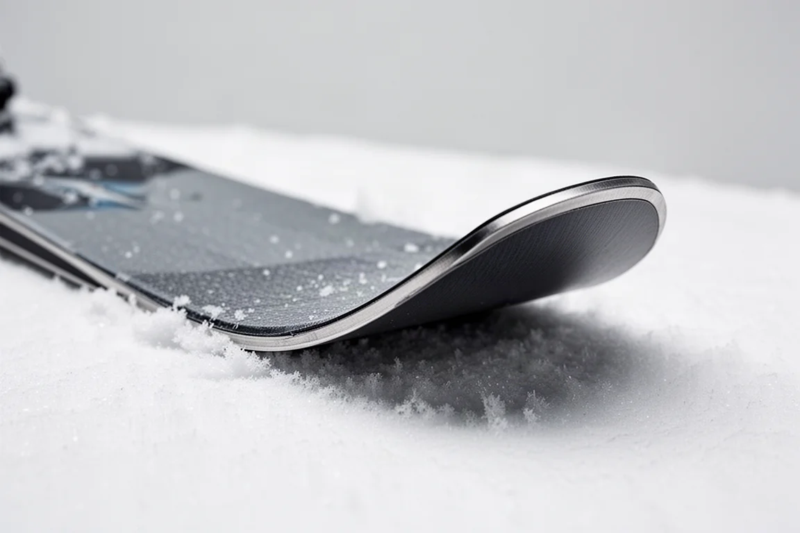 Detailaufnahme von Skikanten und Metalldeckblatt im Schnee