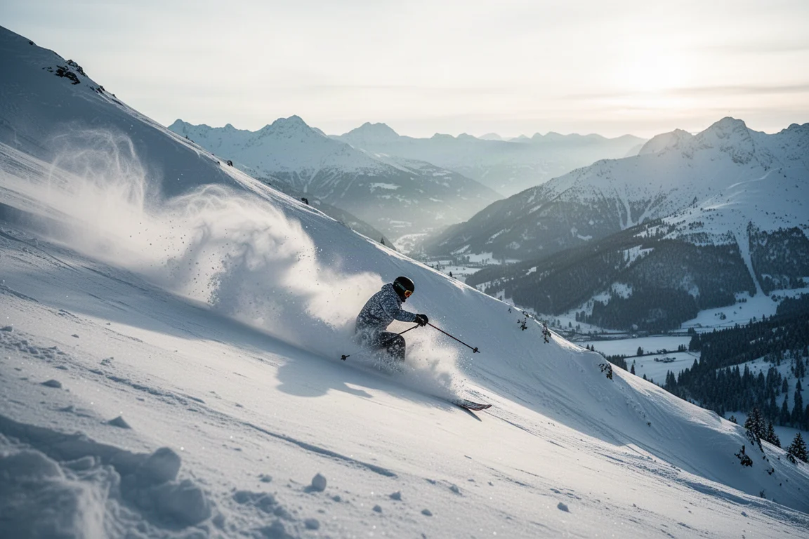 Skifahrer fährt in tiefem Pulverschnee steiles, weiches Gelände