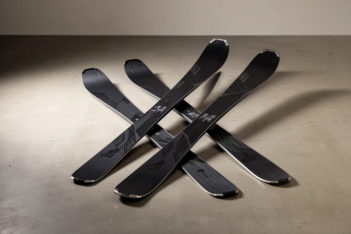 Four Nordica Enforcer all-mountain skis of varying widths fanned upright on a concrete floor