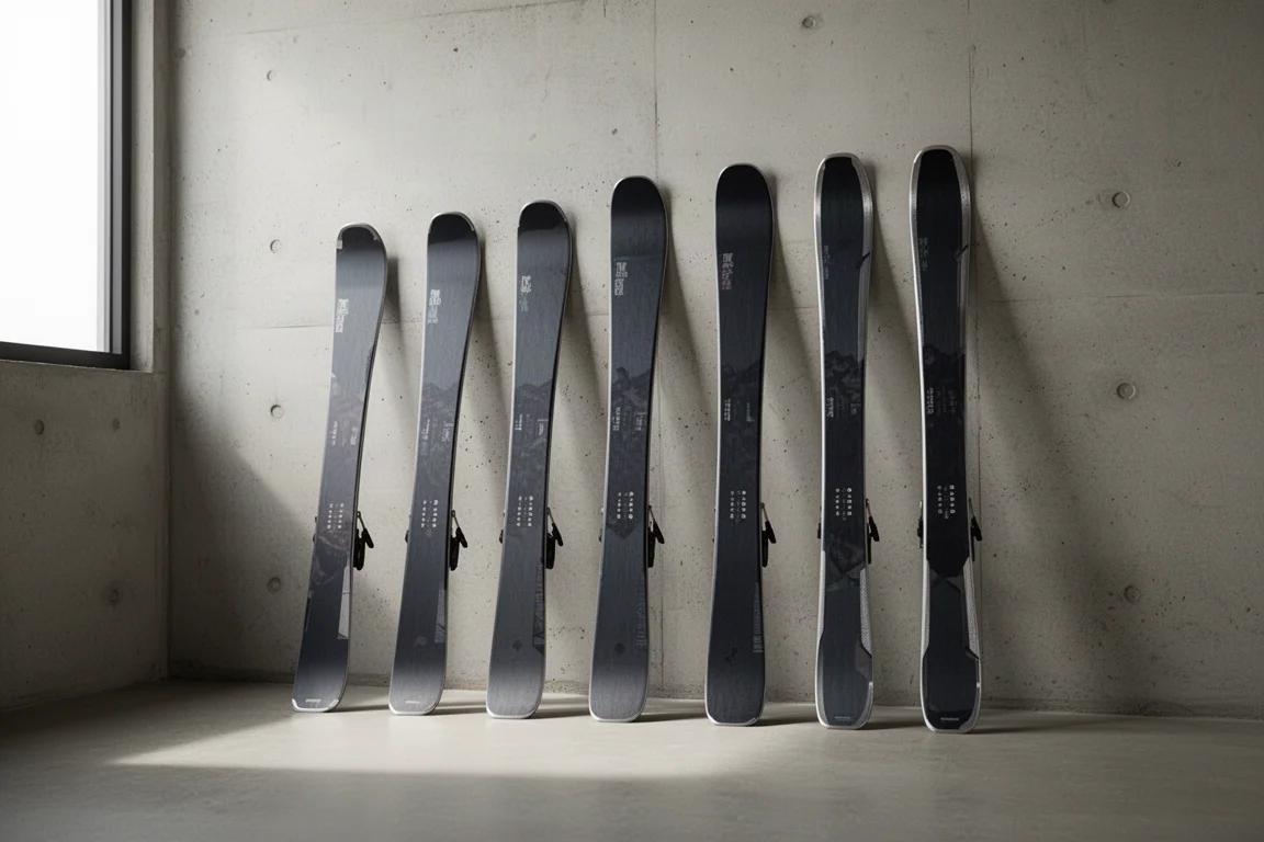 Reihe von All-Mountain-Skis von den Skienden aus gesehen mit unterschiedlichen Breiten
