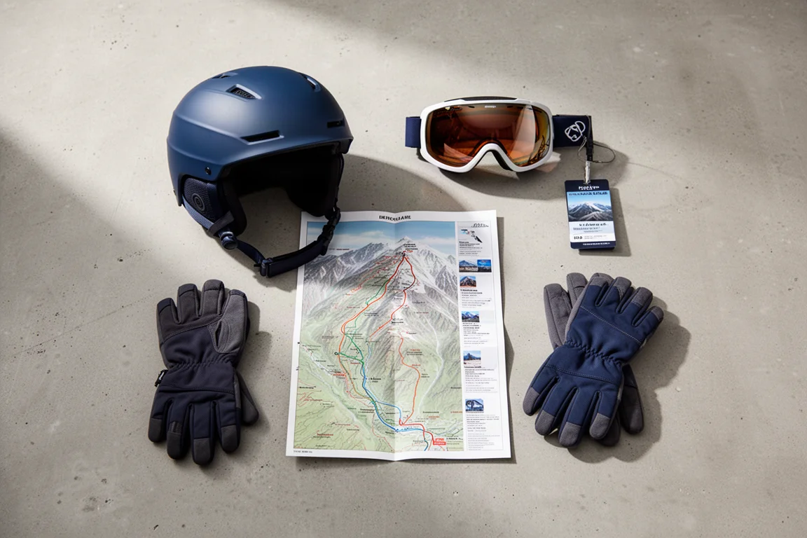 Draufsicht auf Skihelm, Brille, Handschuhe, Karte und Liftpass auf Beton