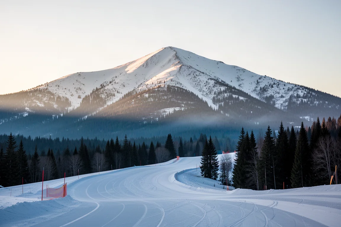 Bergkamm bei Morgengrauen mit frischem Schnee über einer präparierten Piste