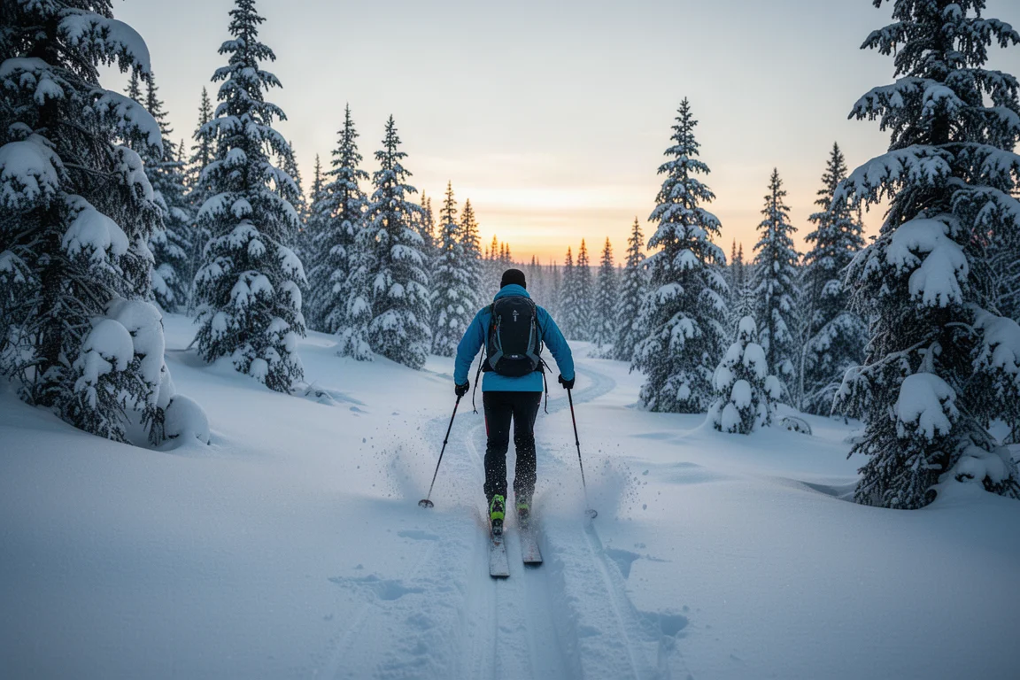 Skidåkare som går uppåt längs ett stigspår genom snötäckta träd i gryning, sett bakifrån