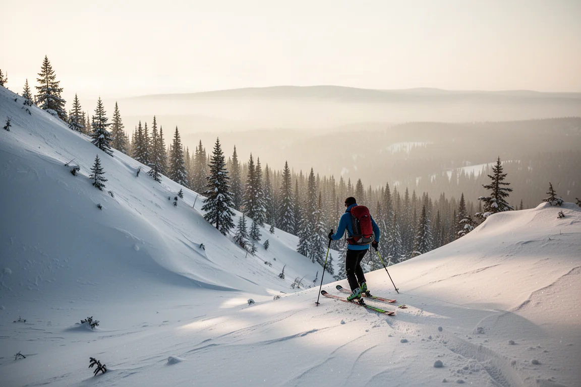 Backcountry skier skinning up a snowy ridge in soft morning light
