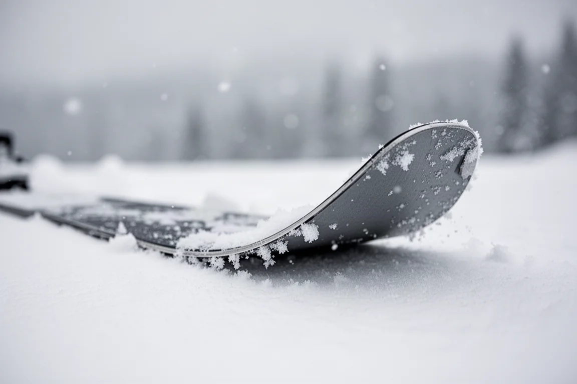 Close-up of a rockered ski tip and tapered shape pressed into fresh powder
