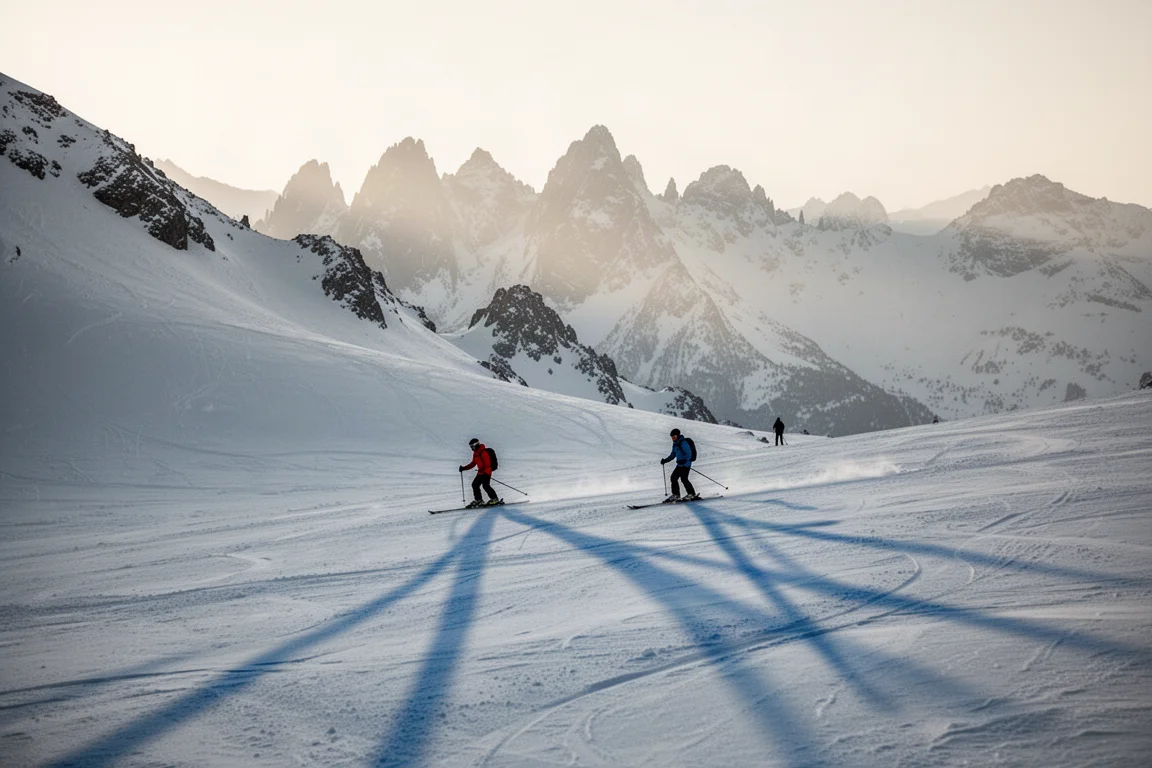 Two skiers traversing a wind-loaded alpine slope at dawn