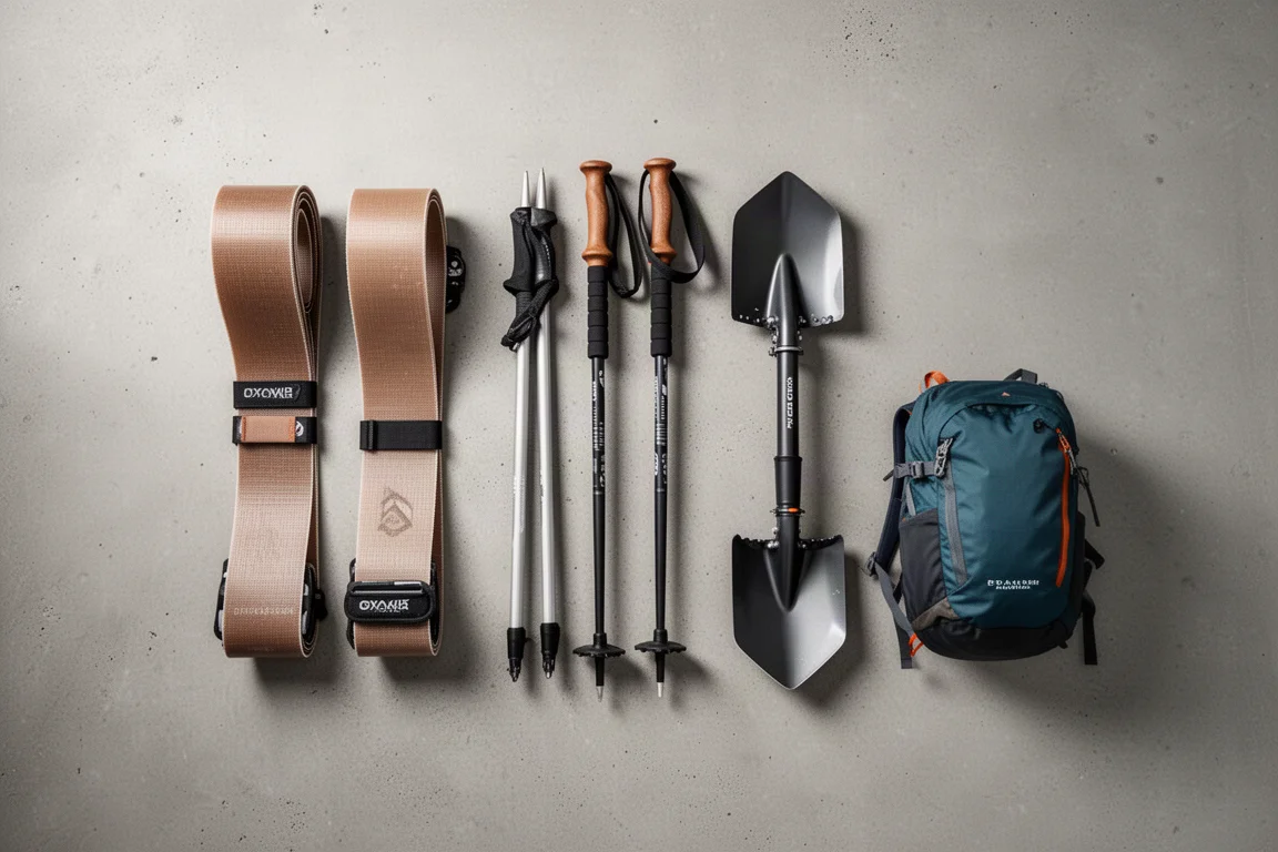 Overhead flat-lay of touring ski gear arranged on a concrete surface