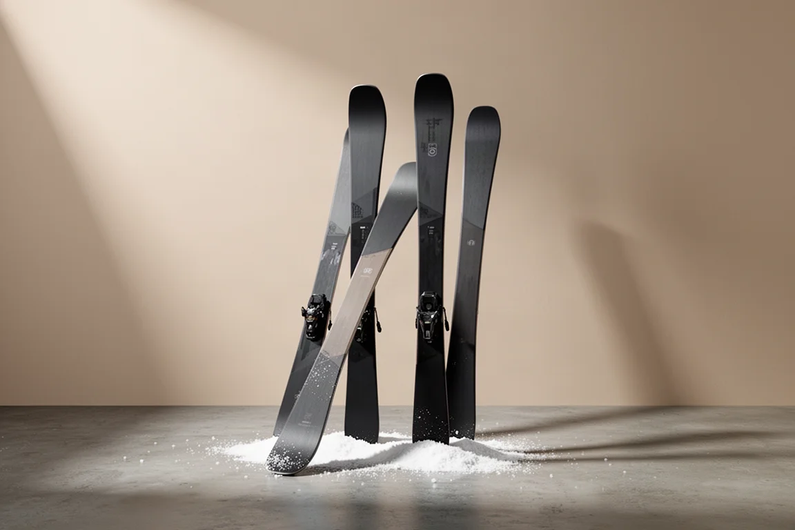 Deux paires de skis de randonnée dressés sur une surface en béton avec une légère couche de neige fraîche
