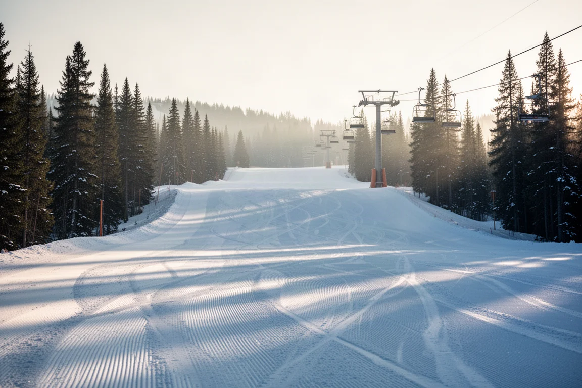Nygjutande, nyberedd skopist vid ett bergsresort i tidig morgonljus