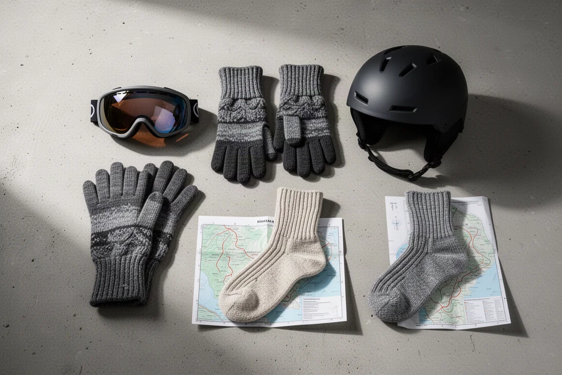 Vista cenital de gafas de esquí, guantes, casco, calcetines y un mapa de pistas sobre hormigón