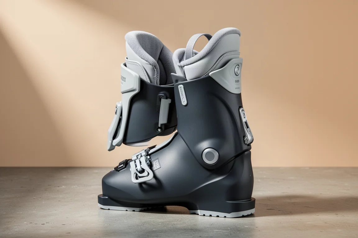 Bota de esquí de entrada trasera con cuff articulado y un único cierre trasero sobre una superficie de hormigón