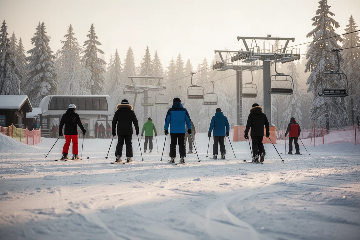 Skifahrer laufen im Morgenlicht über festen Schnee Richtung Lift im Talbereich eines Skigebiets