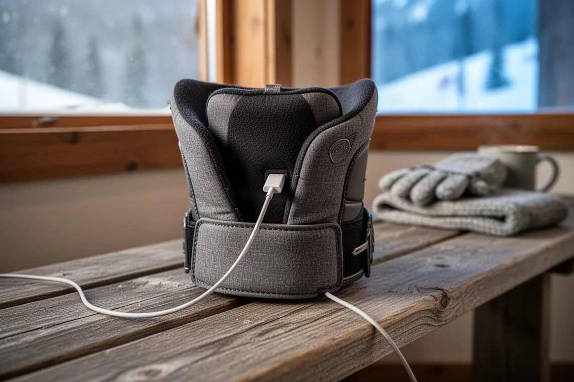 Ladekabel eingesteckt in einen Skischuh-Innenschuh, der drinnen auf einer Holzbank liegt