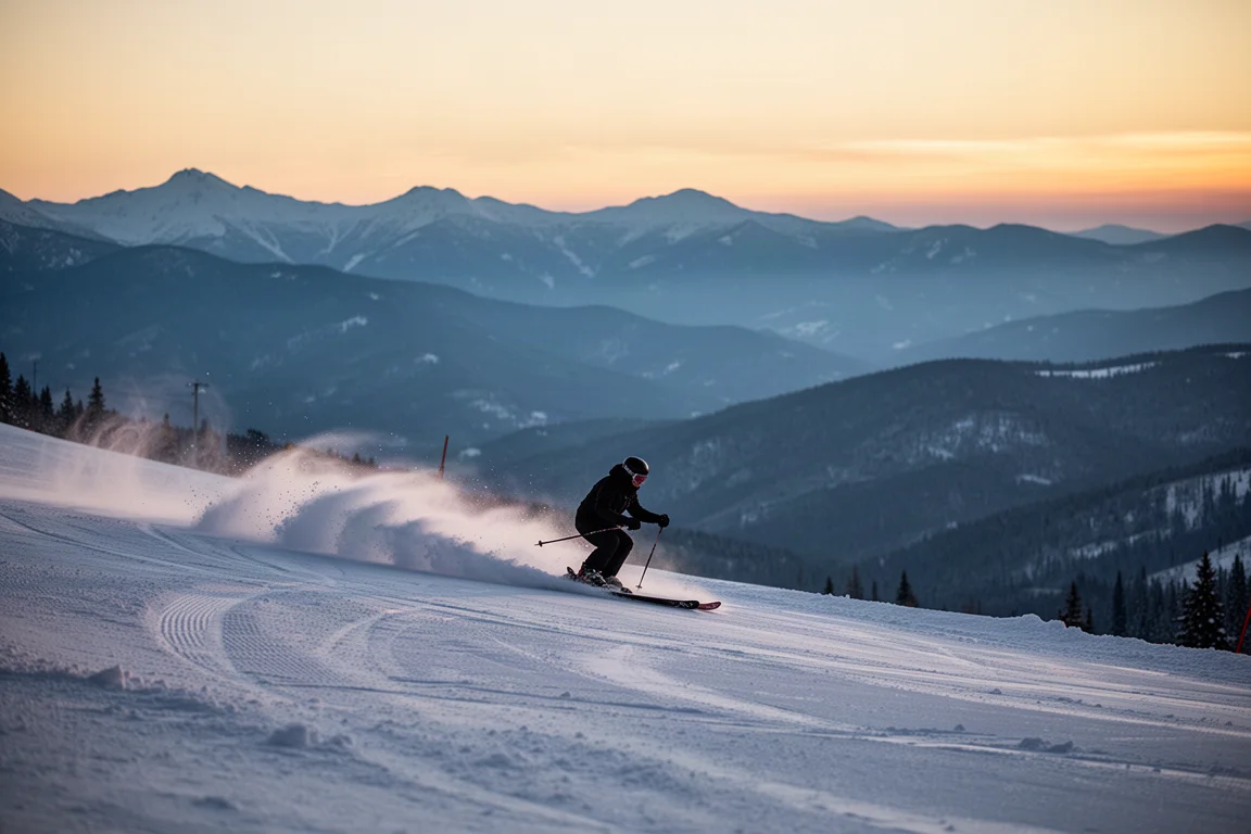 Skifahrer carvingt in der Abenddämmerung eine präparierte Piste, Berge verblassen in der Ferne