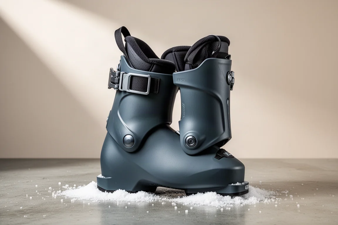 Rear-Entry-Skischuh mit mattschwarz-grauer Schale steht auf Beton mit leichtem Schnee