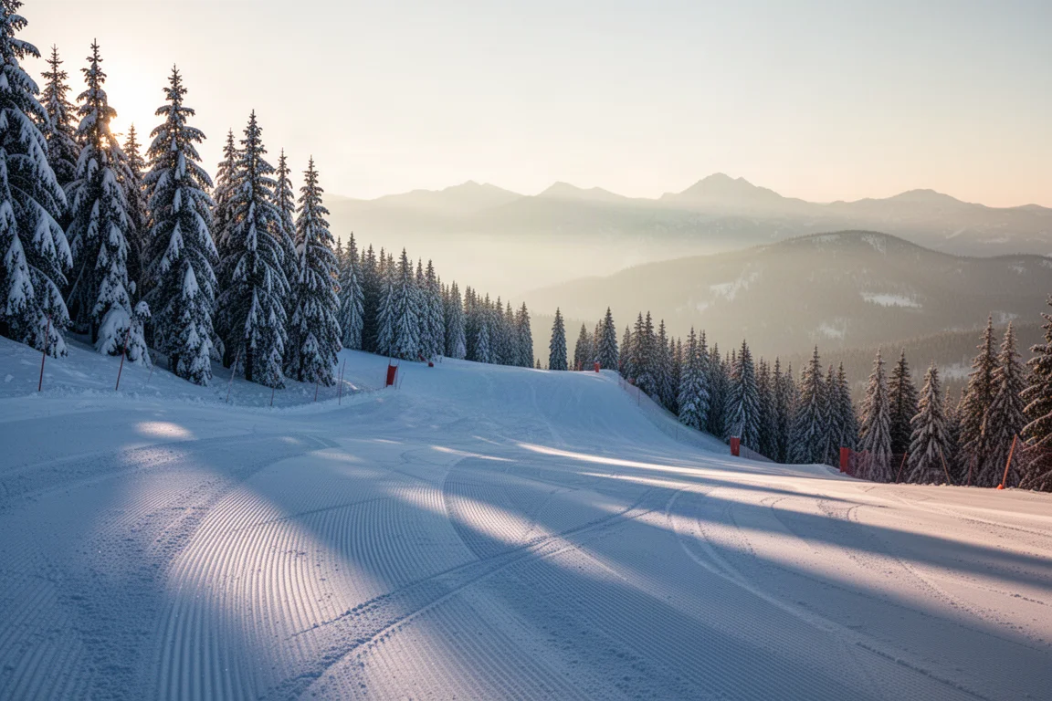 Pista da sci battuta alle prime luci con neve a corda e conifere cariche di neve