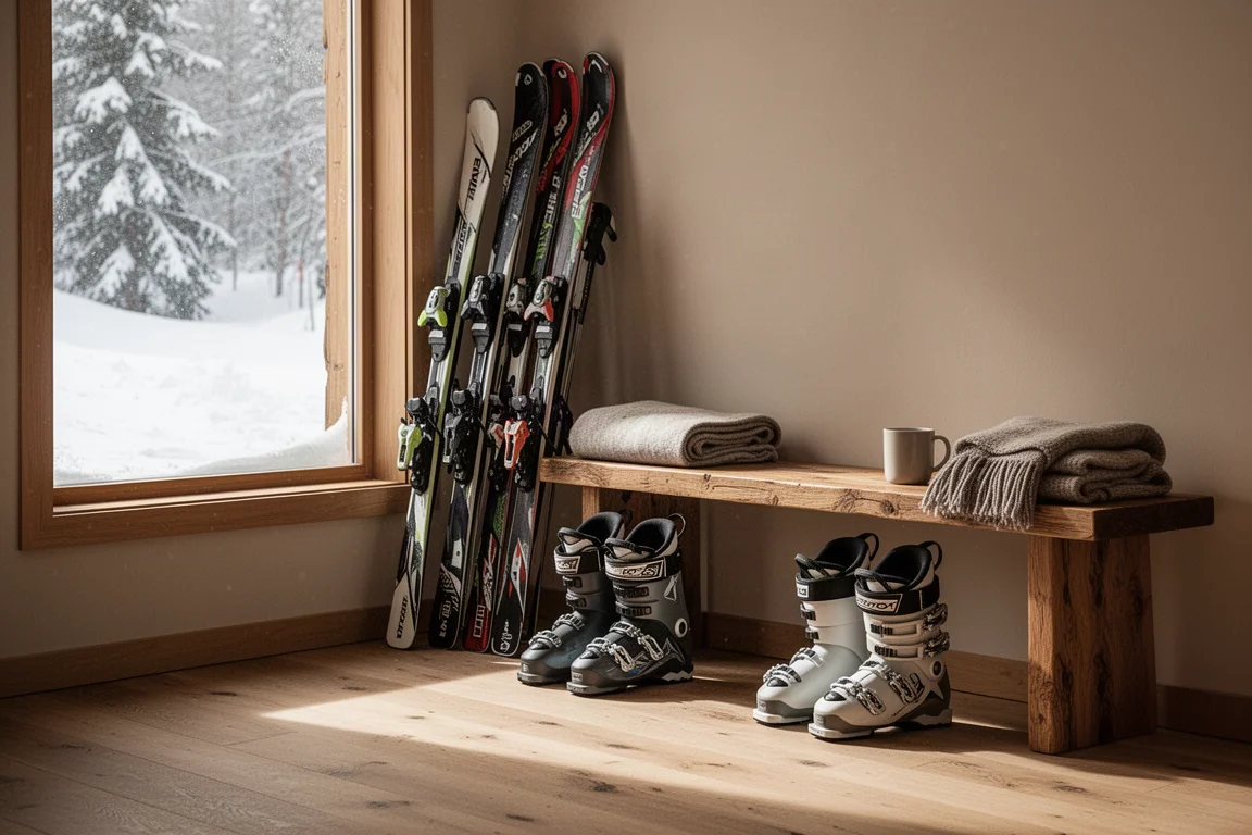 Interno di un rifugio con scarponi su una panca di legno e neve fuori dalla finestra