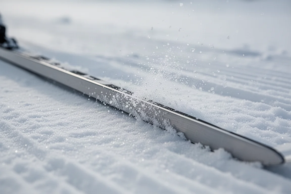 雪板板刃切入硬實壓雪的特寫鏡頭
