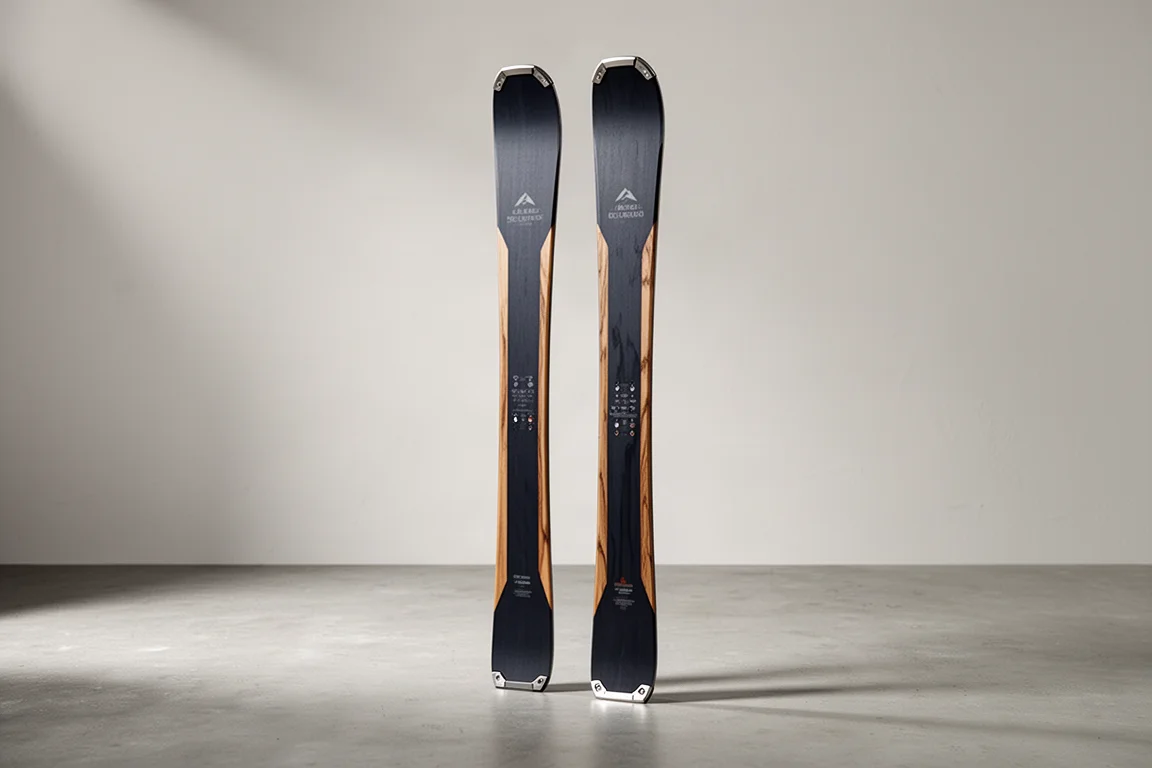 Two pairs of all-mountain skis standing upright on a matte concrete surface
