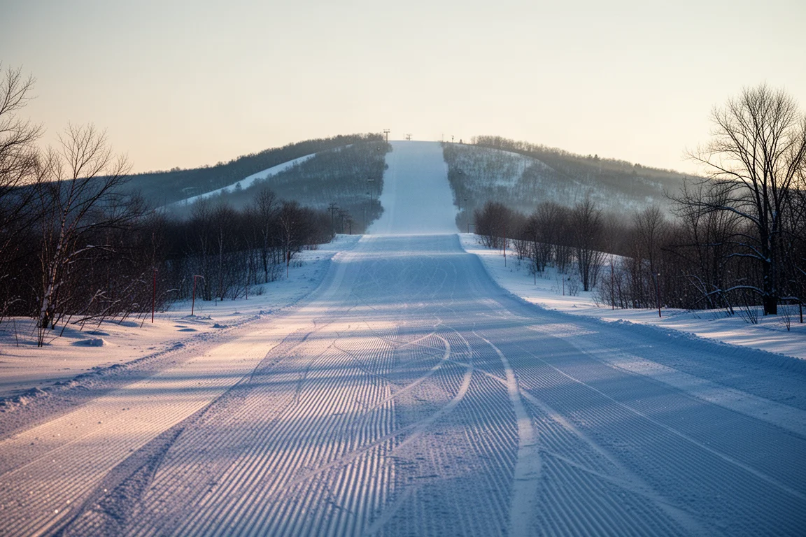 Pista de esquí firme y recién pisada a primera hora de la temporada, con nieve acordonada y frías sombras azules al amanecer